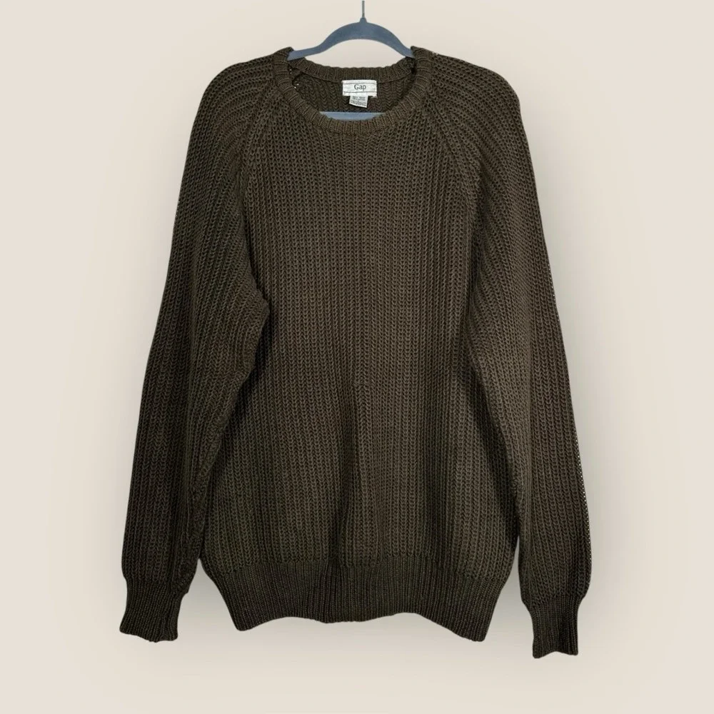 Vintage GAP Men's Hunter Green Sweater - Chunky Knit Crew Neck 90s Sweater Large